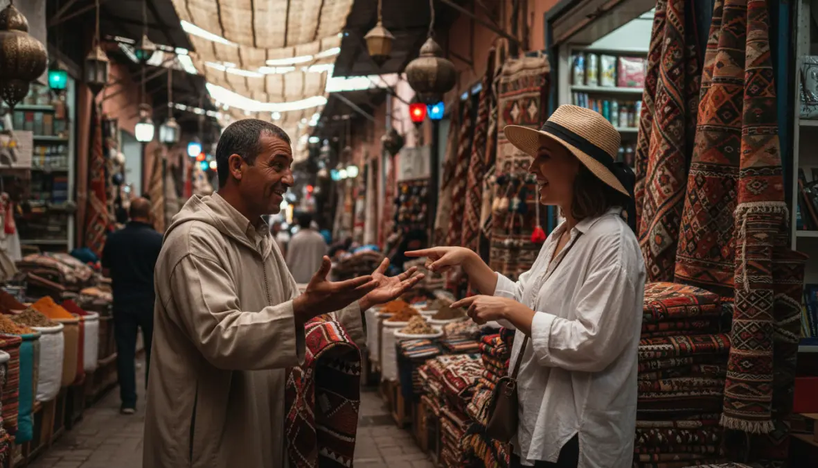 Haggling in Morocco - merchant and tourist negotiating prices at Marrakech souk