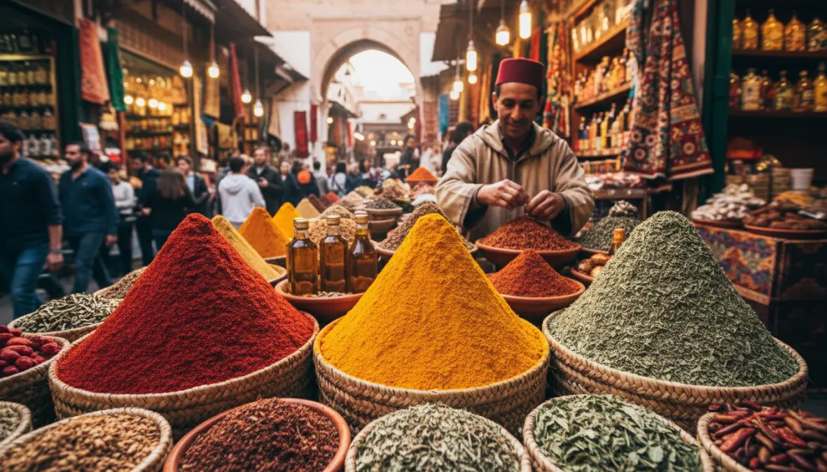 Colorful spice pyramids and argan oil products at Marrakech spice market souk