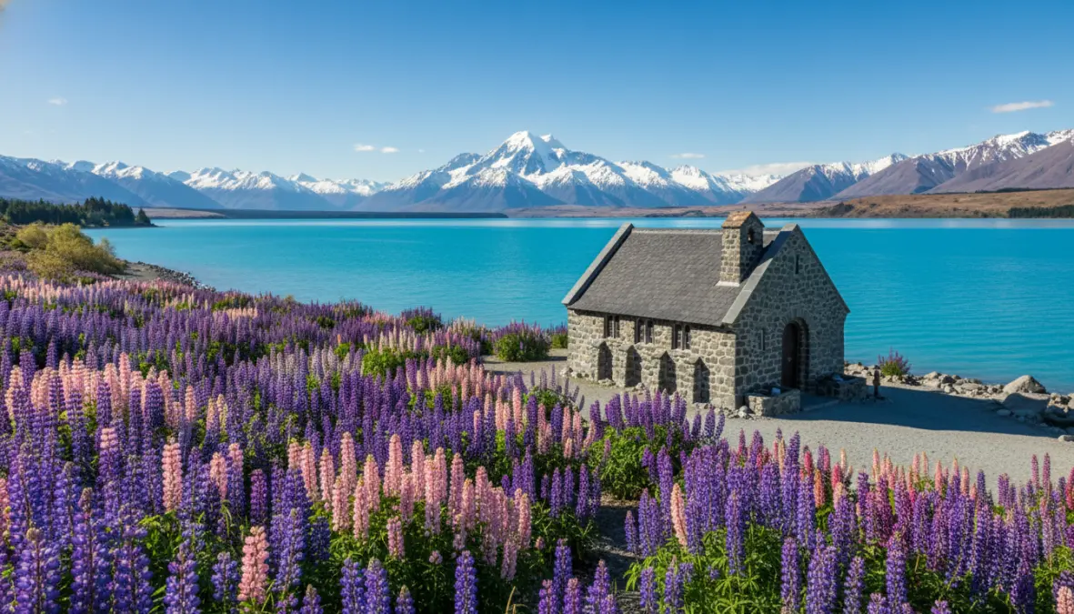Lake Tekapo with Church of the Good Shepherd and Mount Cook, popular stop on South Island road trip itinerary