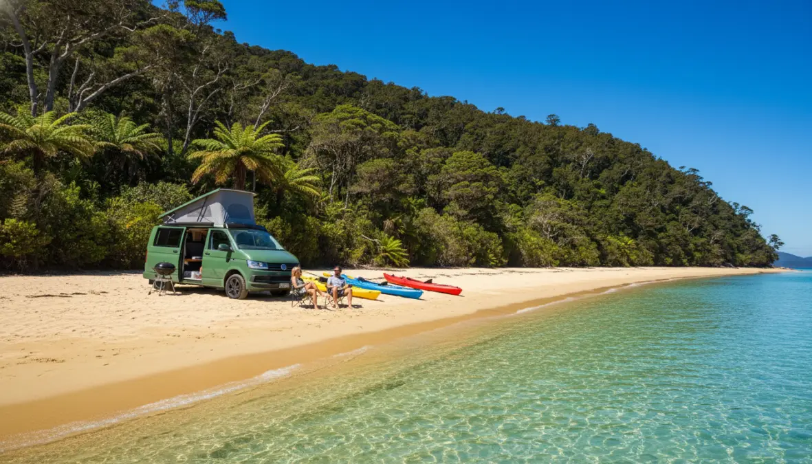 Campervan at Abel Tasman National Park beach, ideal for New Zealand South Island campervan route