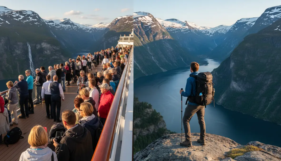 Comparison of norwegian fjords cruise experience versus independent travel showing different perspectives of fjord touring