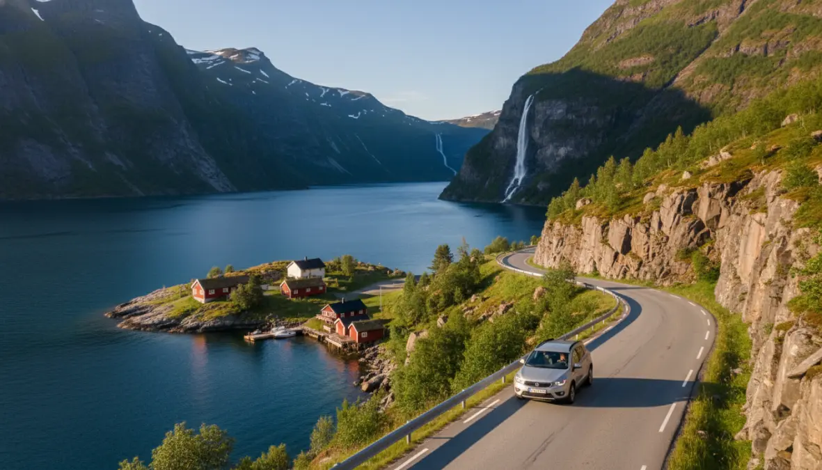 Rental car driving along scenic Norwegian fjords mountain road showing independent travel experience in Norway