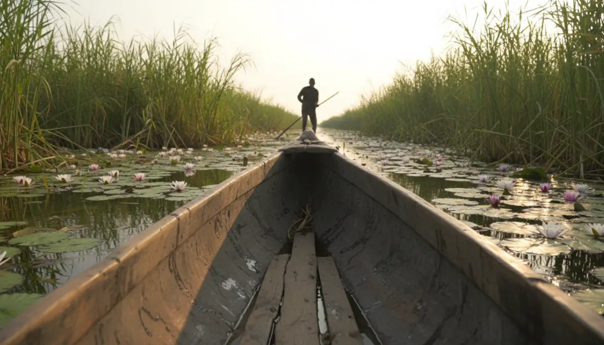 Mokoro canoe safari experience in Okavango Delta water channels with local guide