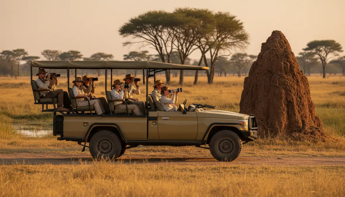 Traditional game drive vehicle on Okavango safari viewing wildlife in Botswana