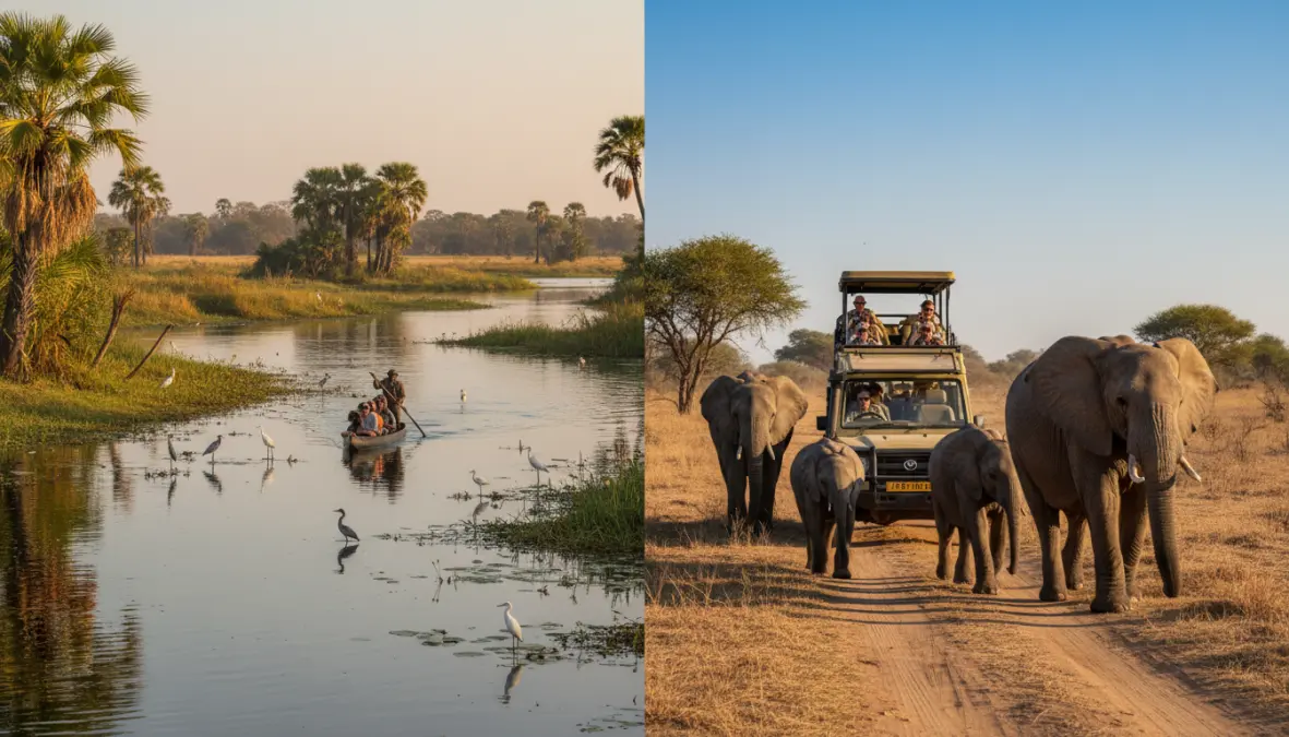 Comparison of mokoro canoe safari versus game drive options in Okavango Delta Botswana