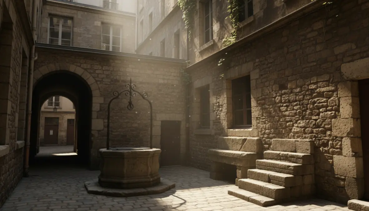 Cour de Rohan historic courtyard in Marais district Paris with medieval stone architecture