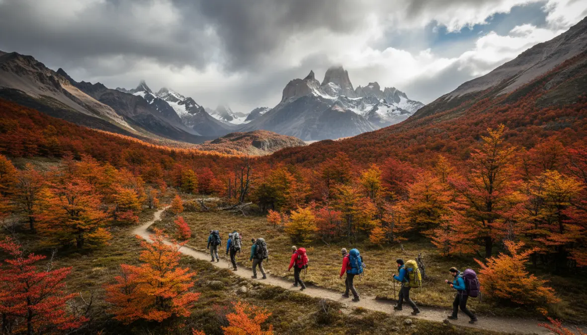 Hikers on Fitz Roy trekking trail in Argentine Patagonia wilderness