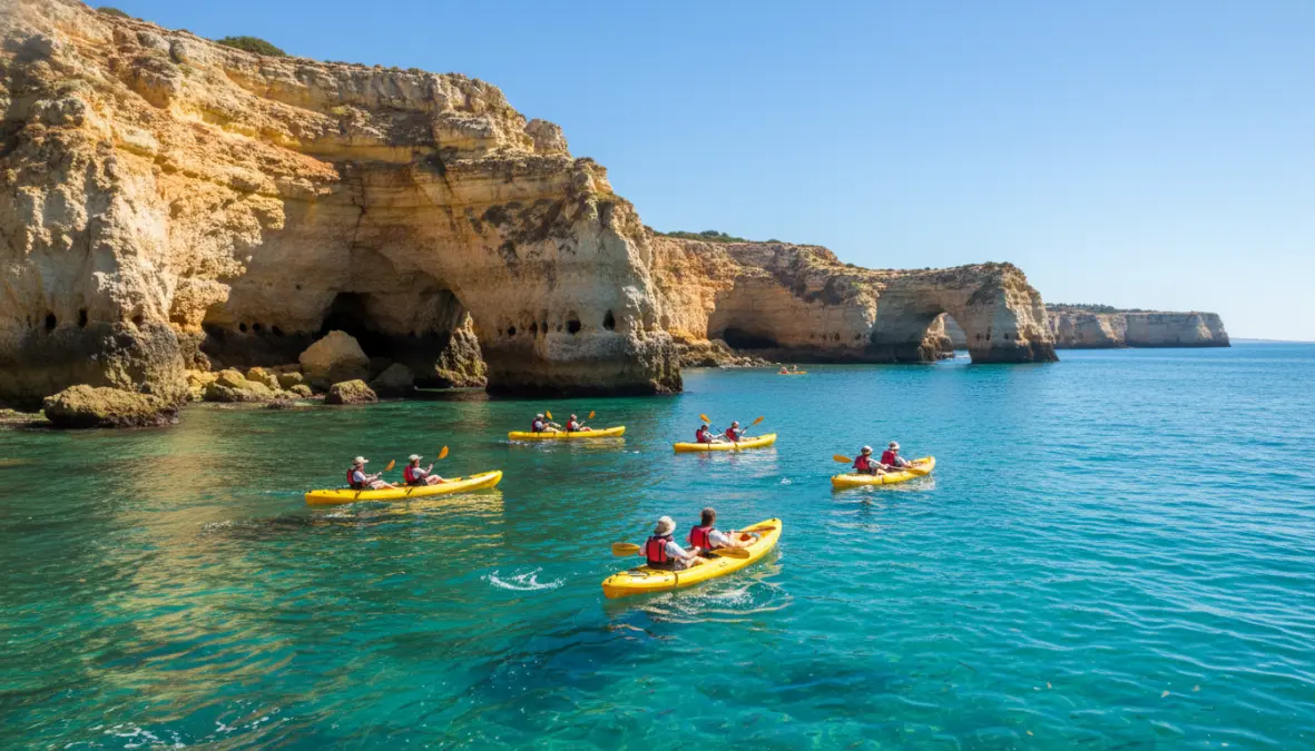 Kayaking adventure along Algarve coast exploring sea caves and golden cliffs in Portugal