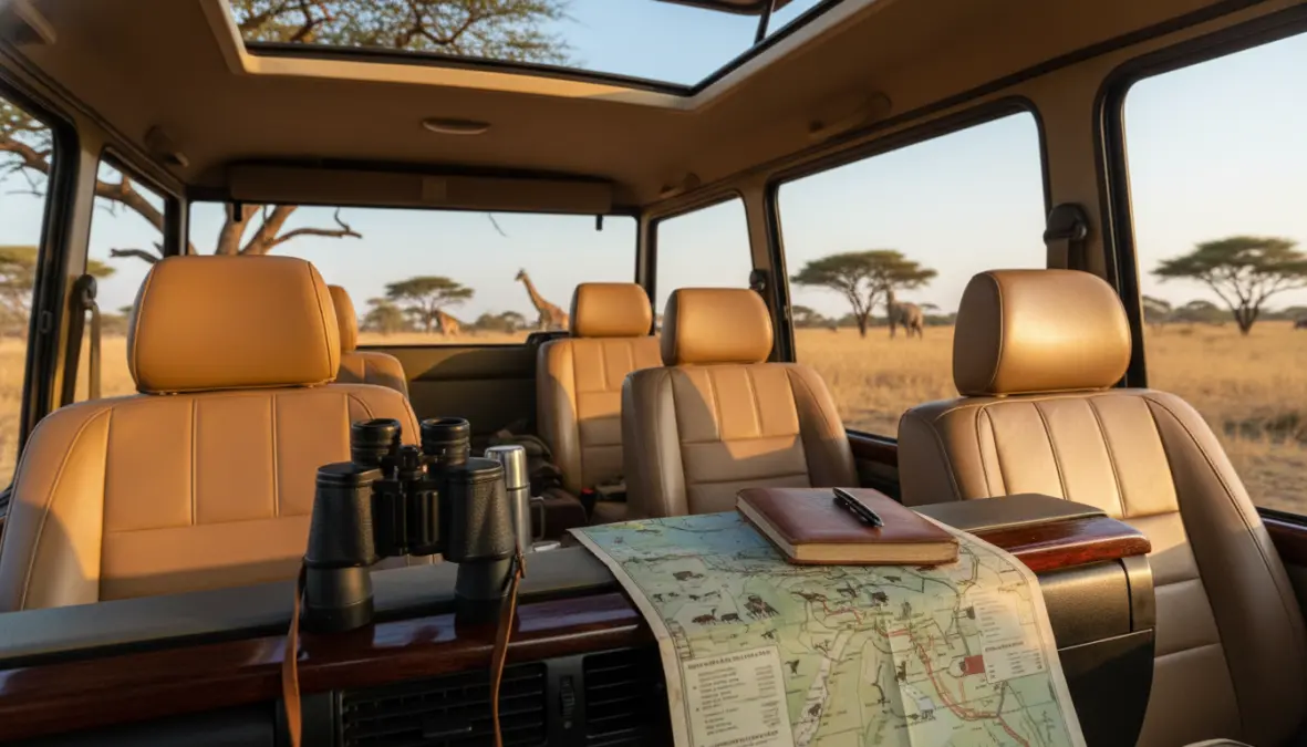Interior of private safari vehicle showing exclusive game drive experience with personal guide