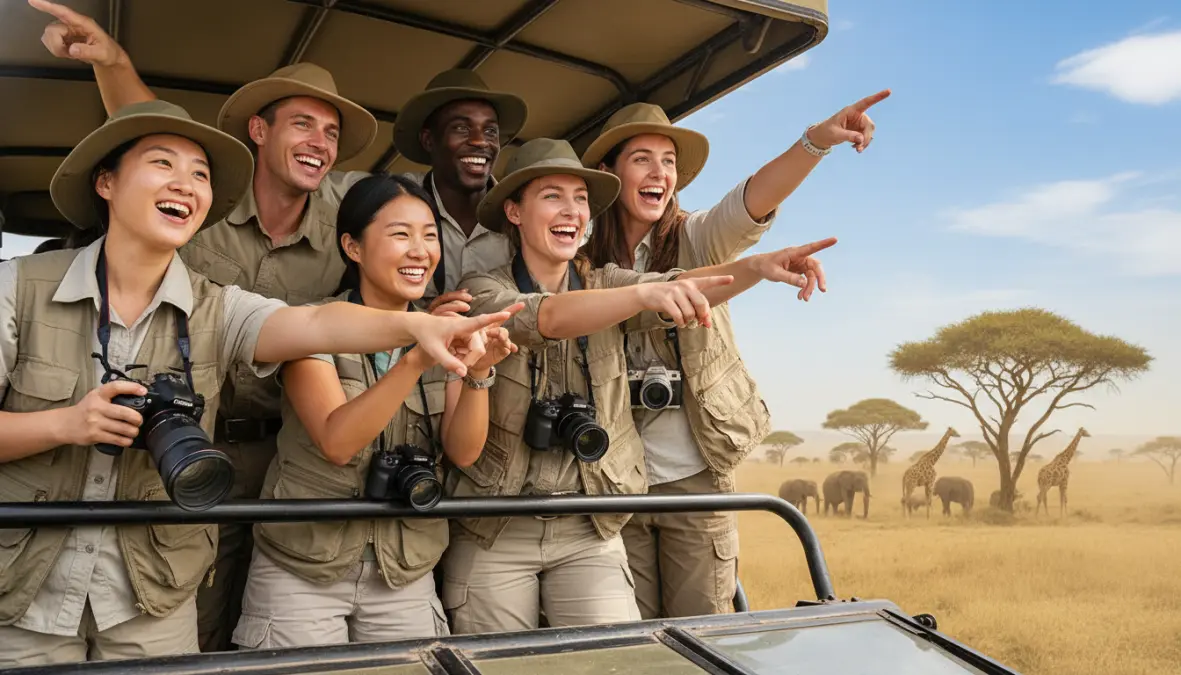 Group safari travelers enjoying shared wildlife viewing experience together in safari vehicle
