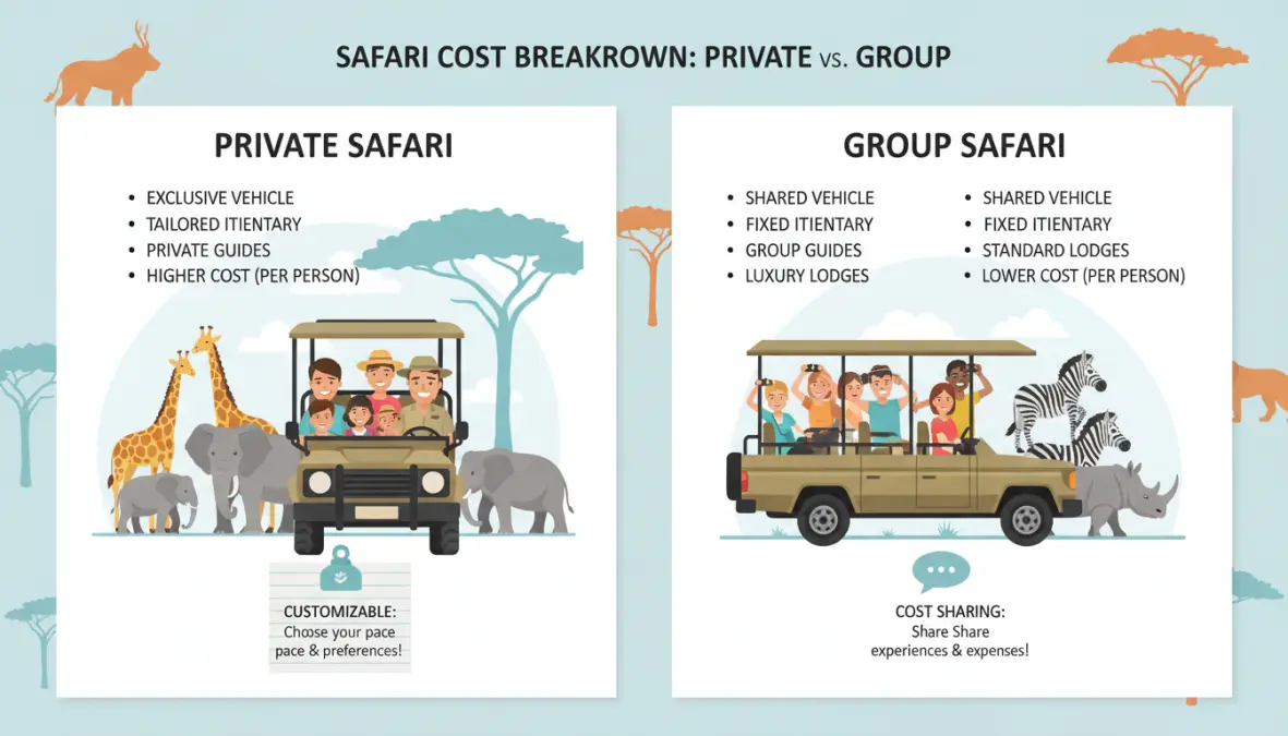 Visual comparison of private safari cost versus group safari budget options for African safari planning