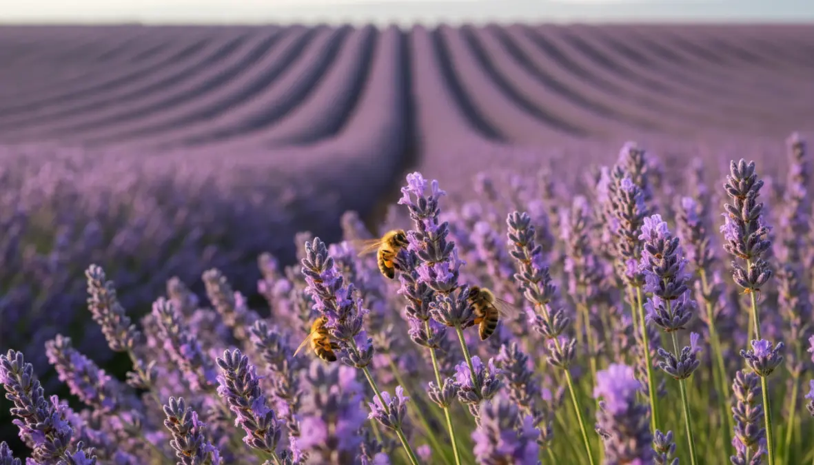 Close-up of provence lavender blooming with bees during peak lavender season in Valensole