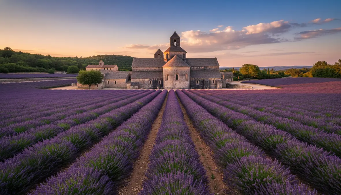 Abbaye de Sénanque monastery with sault lavender fields in full bloom, iconic provence location