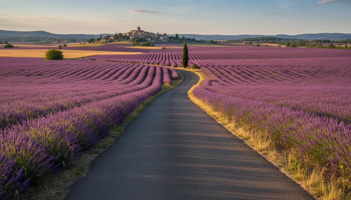 Scenic lavender routes through luberon lavender fields with hilltop villages in provence countryside