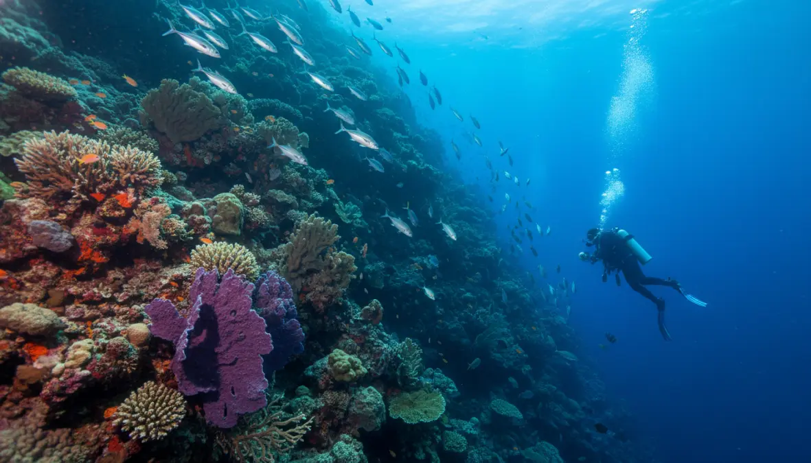 Dramatic wall diving at Ras Mohammed National Park with coral formations and marine life