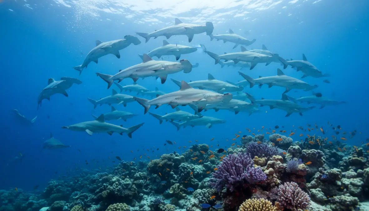 Hammerhead sharks at Elphinstone Reef Marsa Alam dive spot in the Red Sea