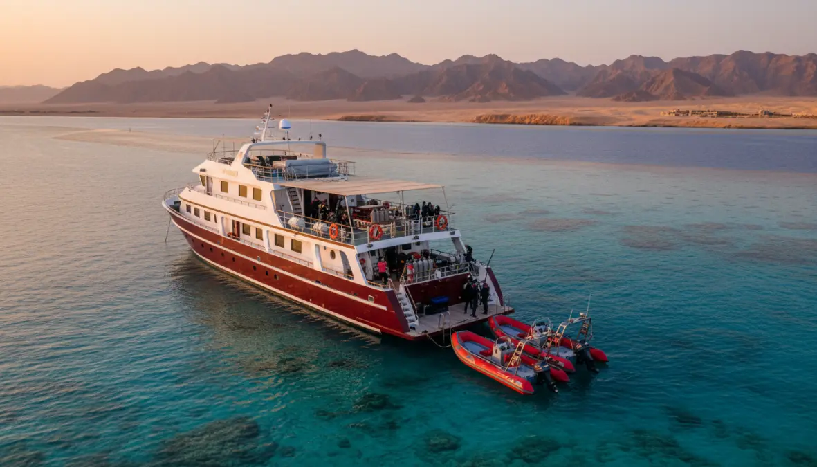 Red Sea liveaboard diving boat at remote Egyptian reef for multi-day dive trips