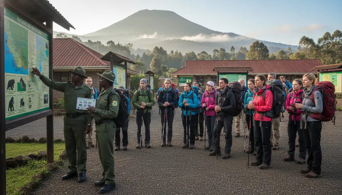 Tourists receiving briefing before gorilla trekking experience at Volcanoes National Park Rwanda