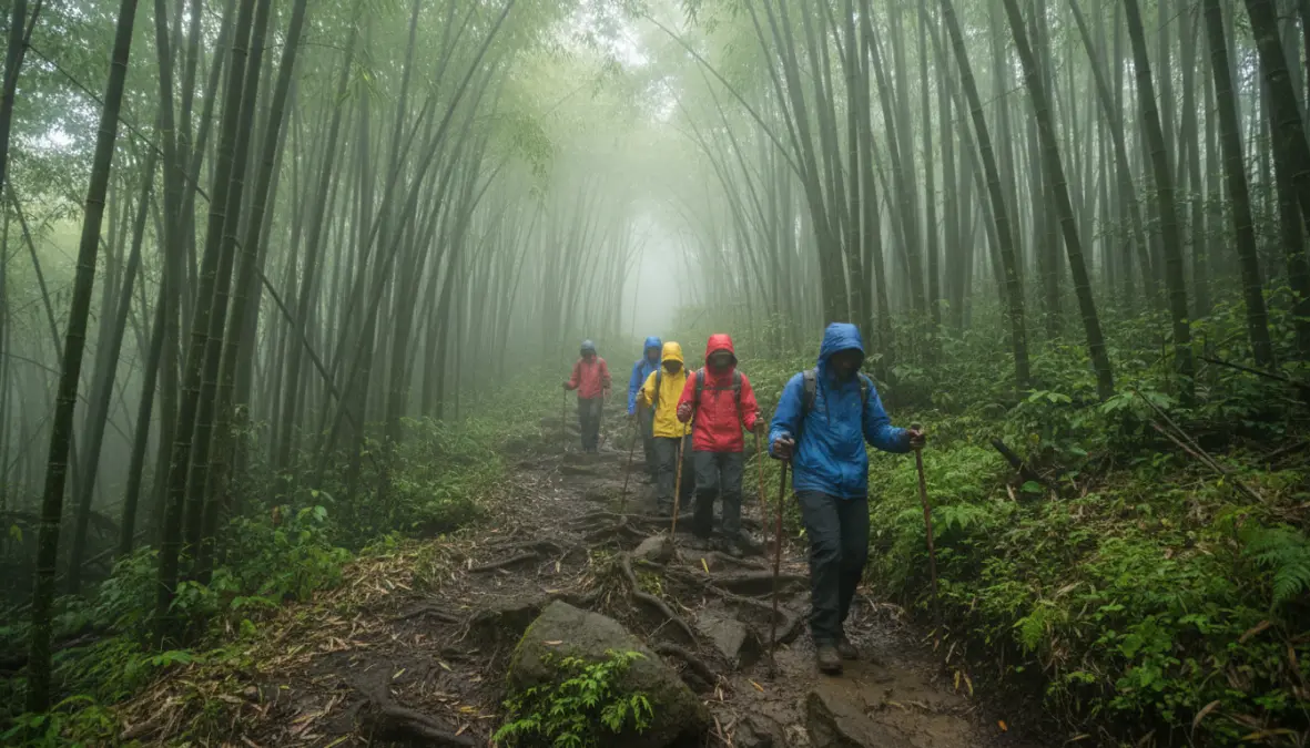 Hikers trekking through mountain gorilla habitat in Volcanoes National Park Rwanda