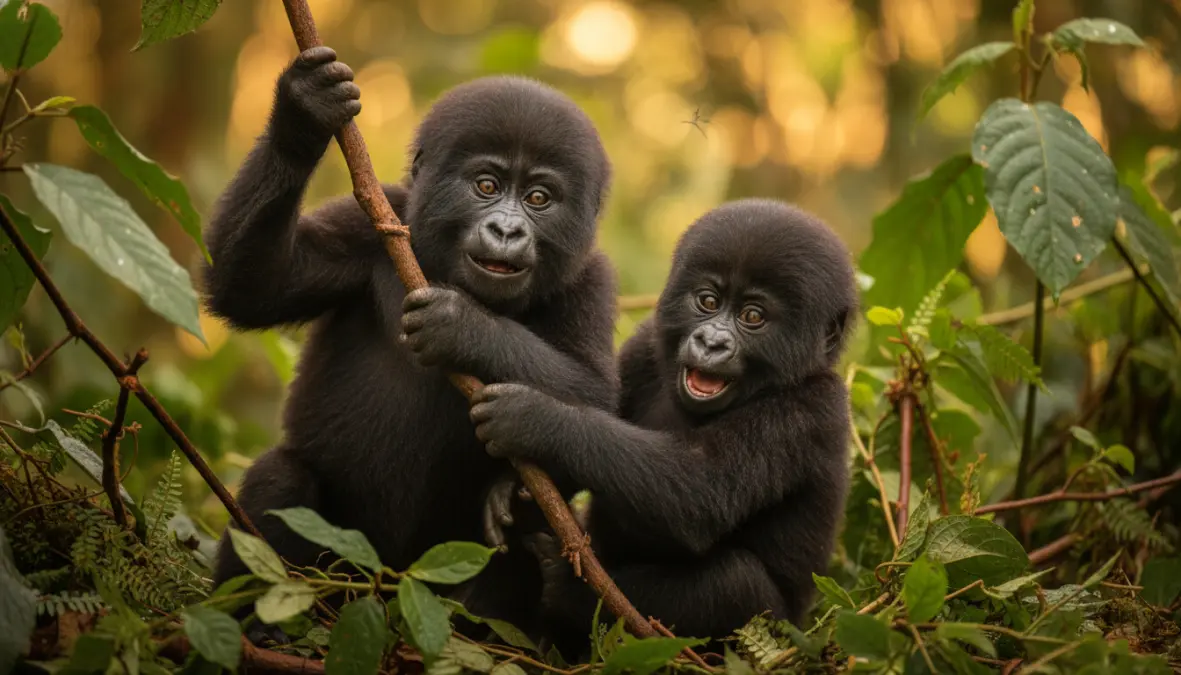 Baby mountain gorillas in their natural habitat during Rwanda gorilla trekking tour