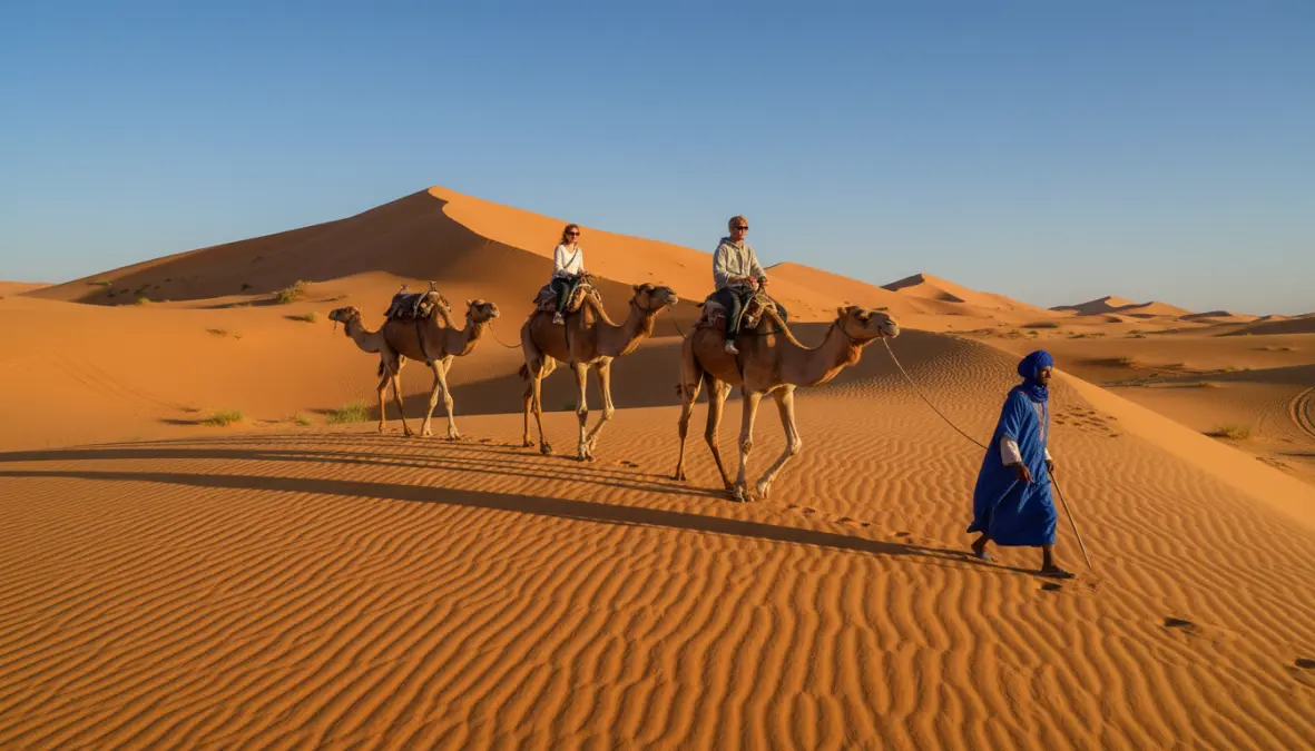 Camel trekking through Erg Chebbi dunes in Morocco during Sahara desert camping tour