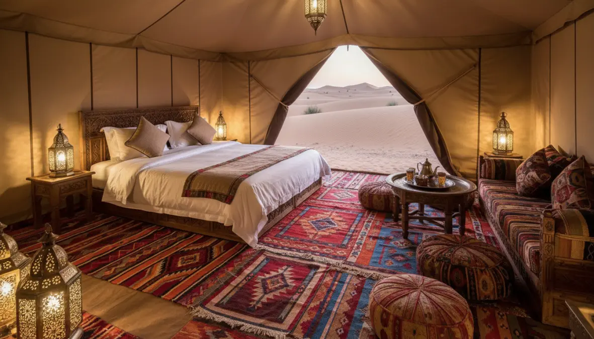 Luxury Bedouin tent interior at Sahara desert camp with traditional Berber decoration