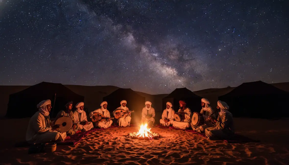 Campfire and star gazing experience during overnight Sahara desert camping with Berber music