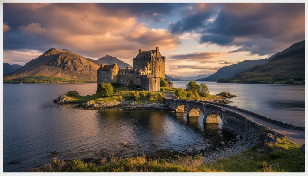 Castello di Eilean Donan nelle Highlands scozzesi lungo il percorso verso l'Isola di Skye