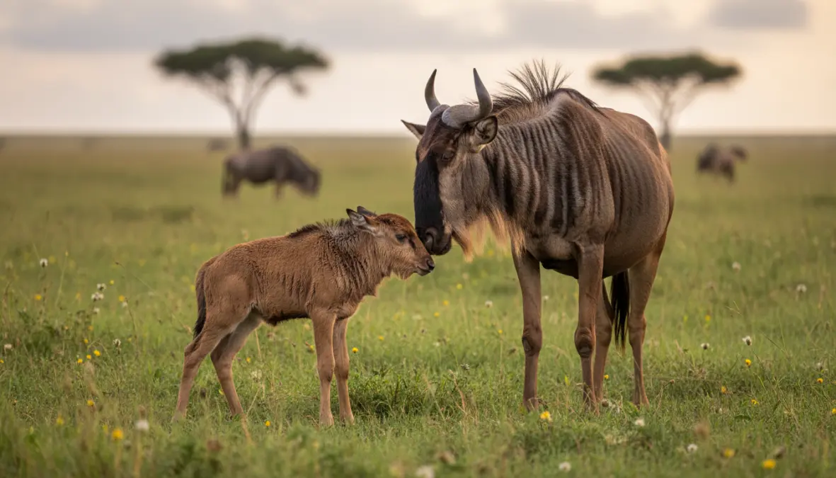 Newborn wildebeest calf during calving season in Ndutu Plains, Southern Serengeti migration