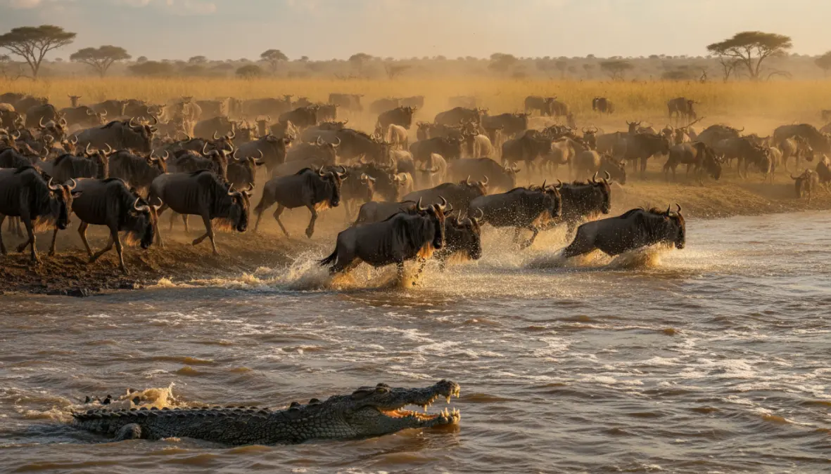 Wildebeest crossing the Mara River with crocodiles during peak migration season in Northern Serengeti