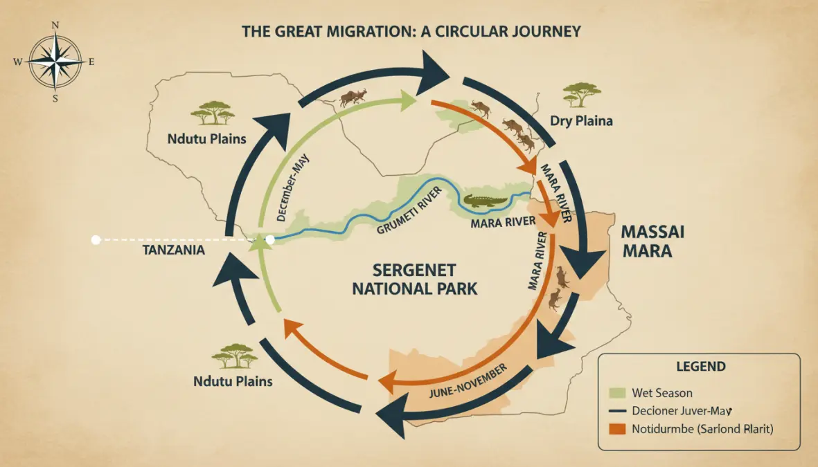 Serengeti migration map showing the great migration route and seasonal movements throughout the year
