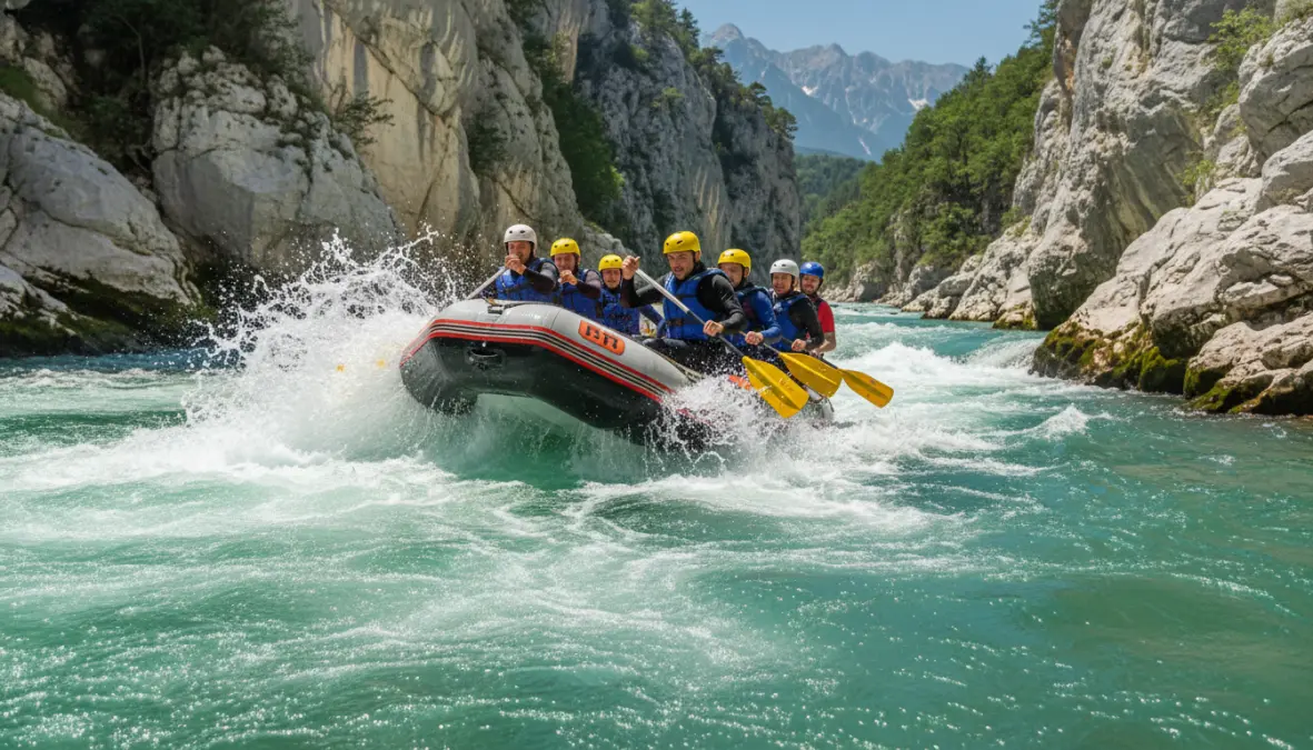 Rafting nelle acque turchesi del fiume Soča a Bovec, Slovenia