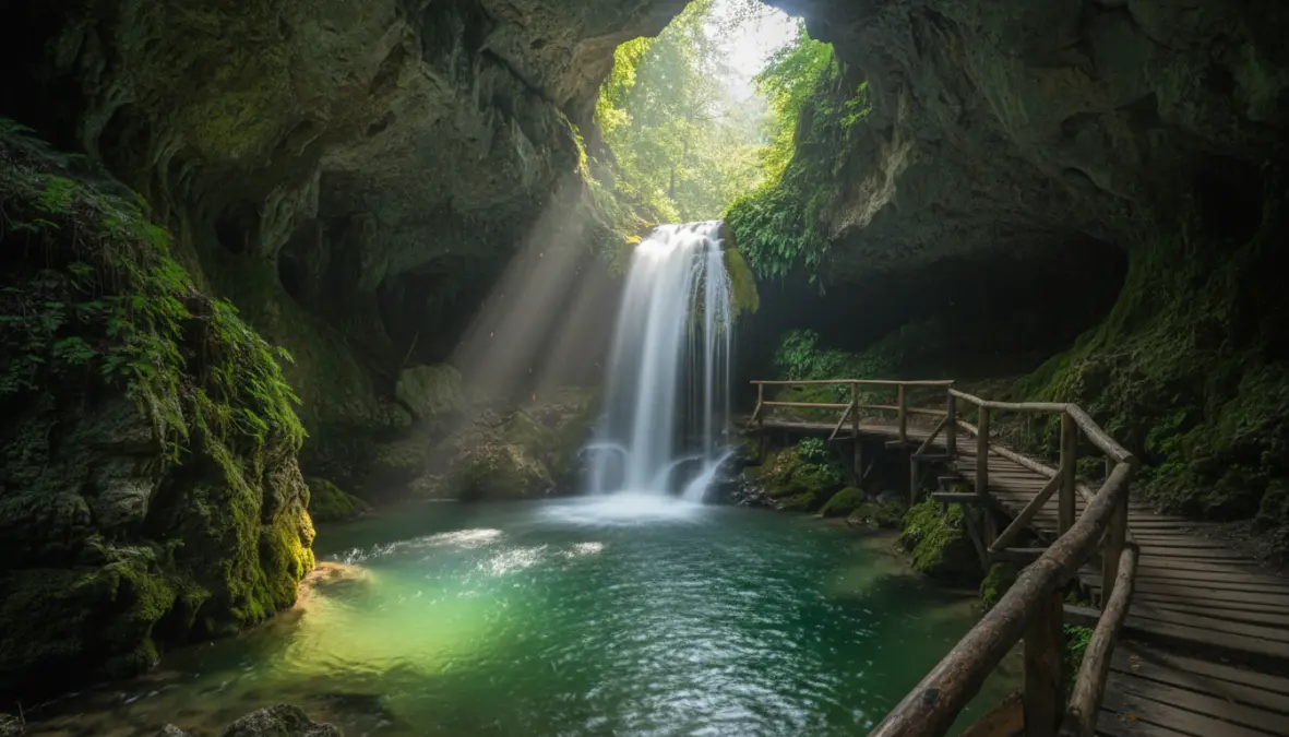 Cascata Kozjak nella grotta vicino Kobarid, attrazioni della valle del Soča