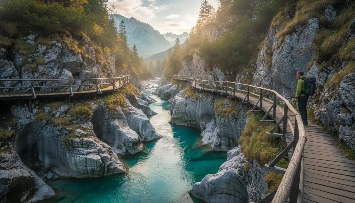 Escursionista alle Grandi Gole del Soča, sentieri hiking nella valle del Soča Slovenia