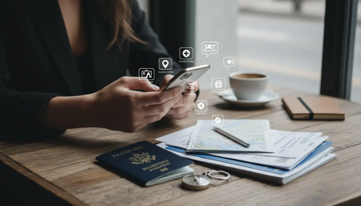 Woman using travel safety apps and organizing documents for solo female travel