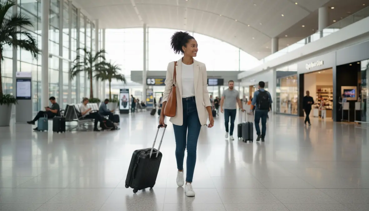 Confident solo female traveler navigating airport terminal independently with luggage