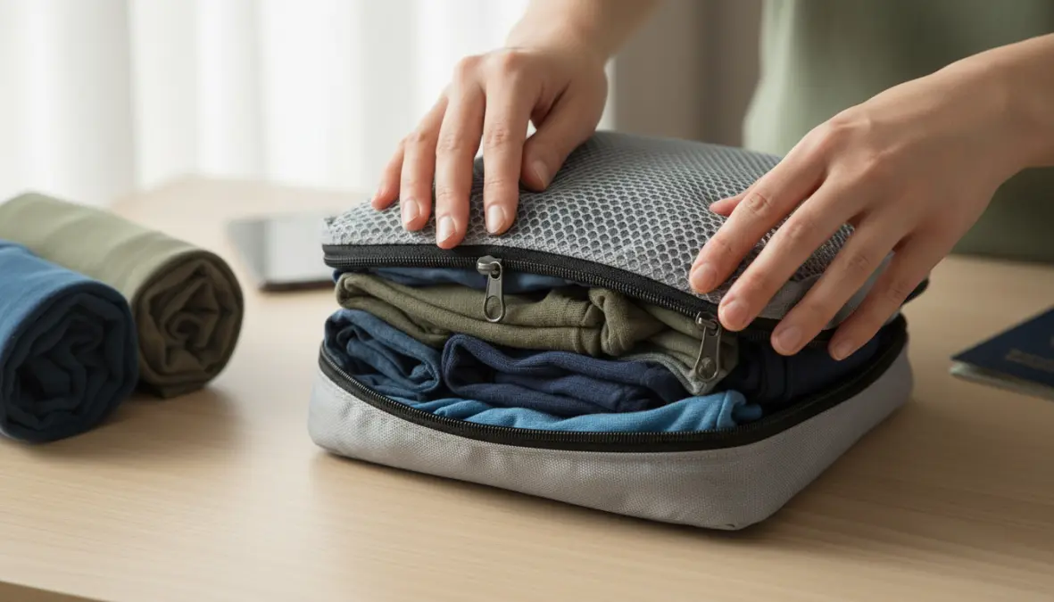 How to use packing cubes efficiently with compression system and rolled clothes technique