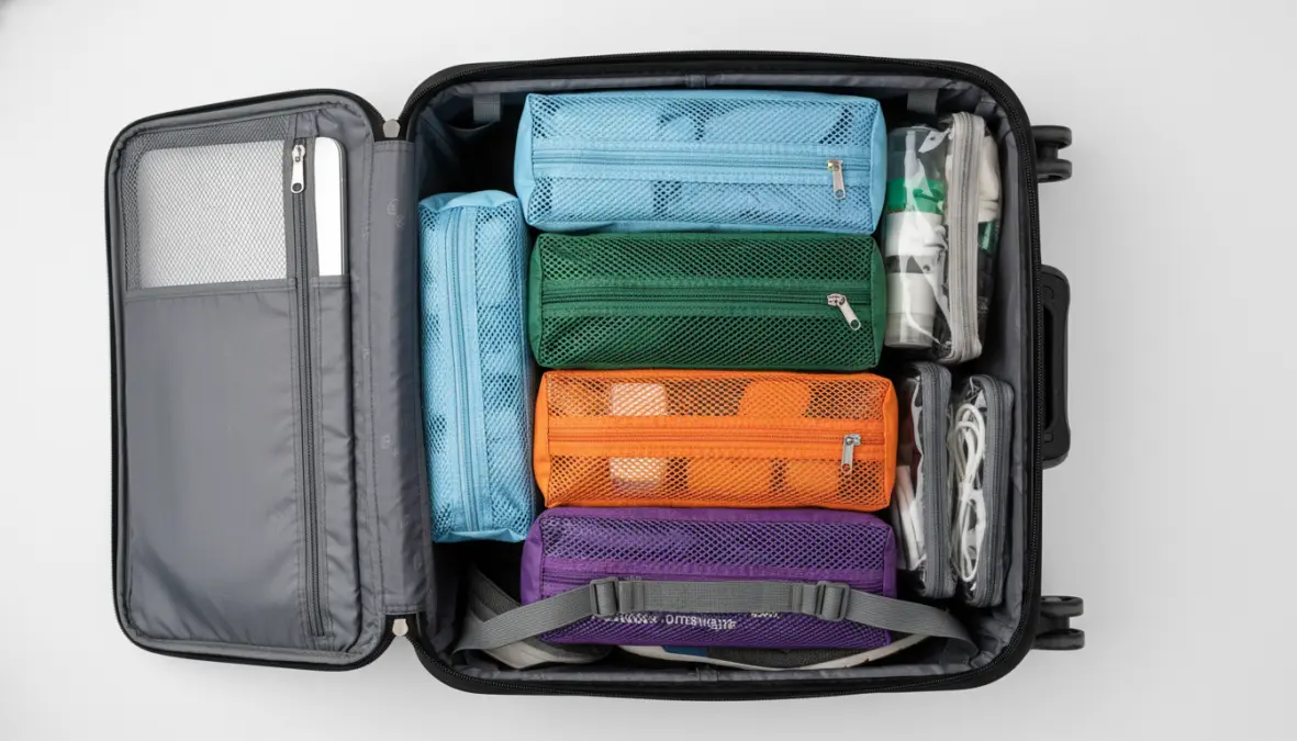 Best packing cubes for carry on luggage showing vertical organization system in suitcase