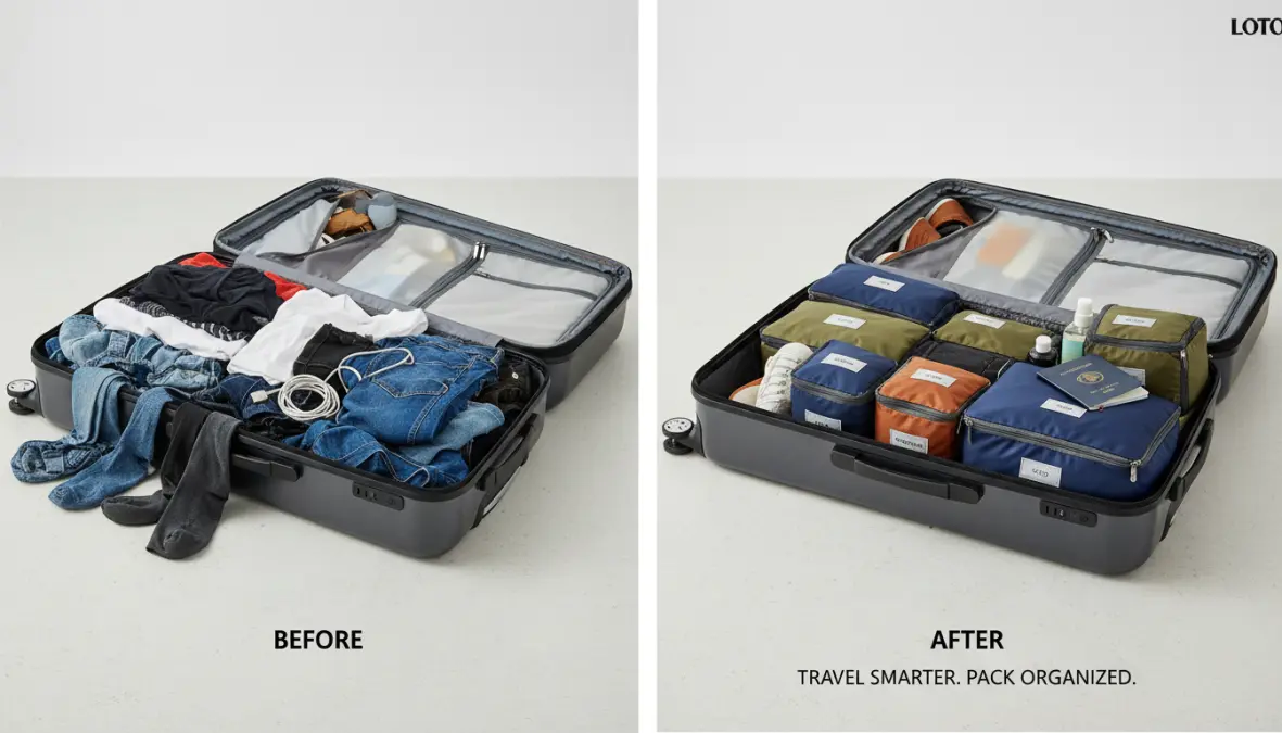 Packing cubes benefits comparison showing organized versus disorganized luggage packing methods
