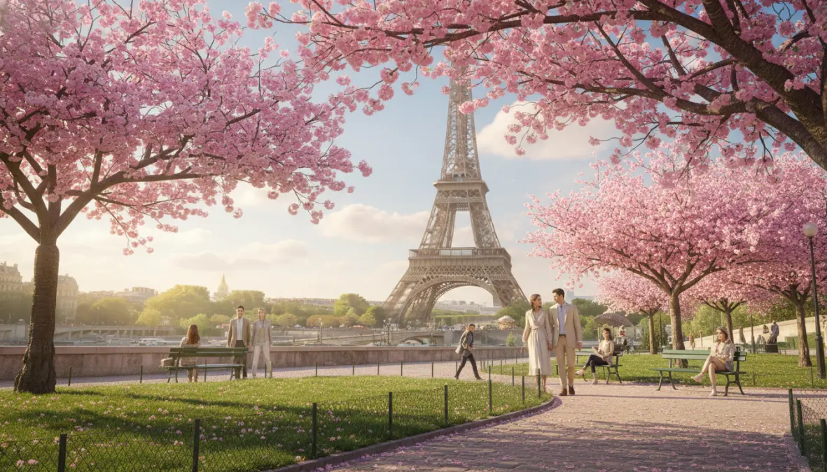 Paris cherry blossoms with Eiffel Tower, perfect romantic spring city breaks europe destination