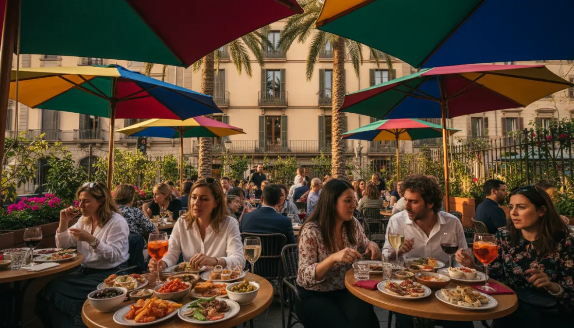 Barcelona outdoor cafe terrace in spring sunshine, best european cities spring for al fresco dining