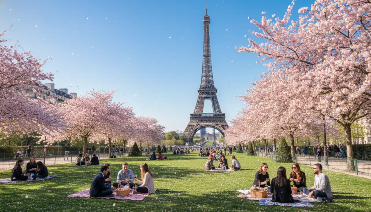 Cherry blossoms blooming in Paris during April spring season with Eiffel Tower