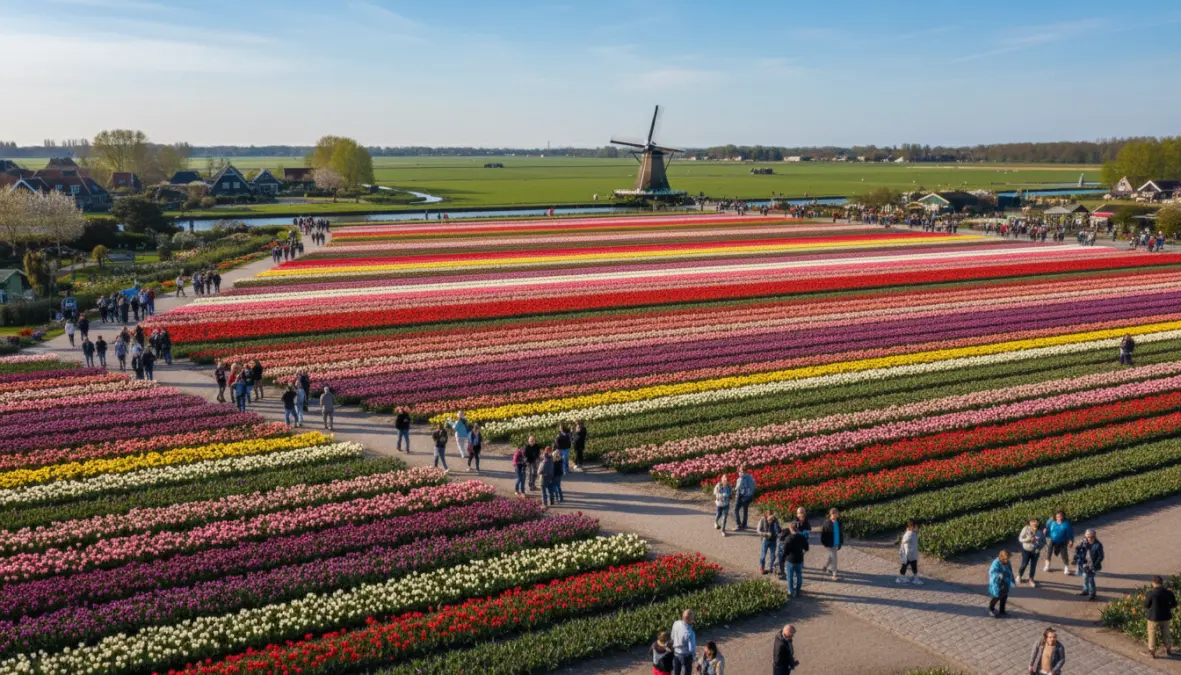 Tulips blooming at Keukenhof Gardens Amsterdam in April spring weather