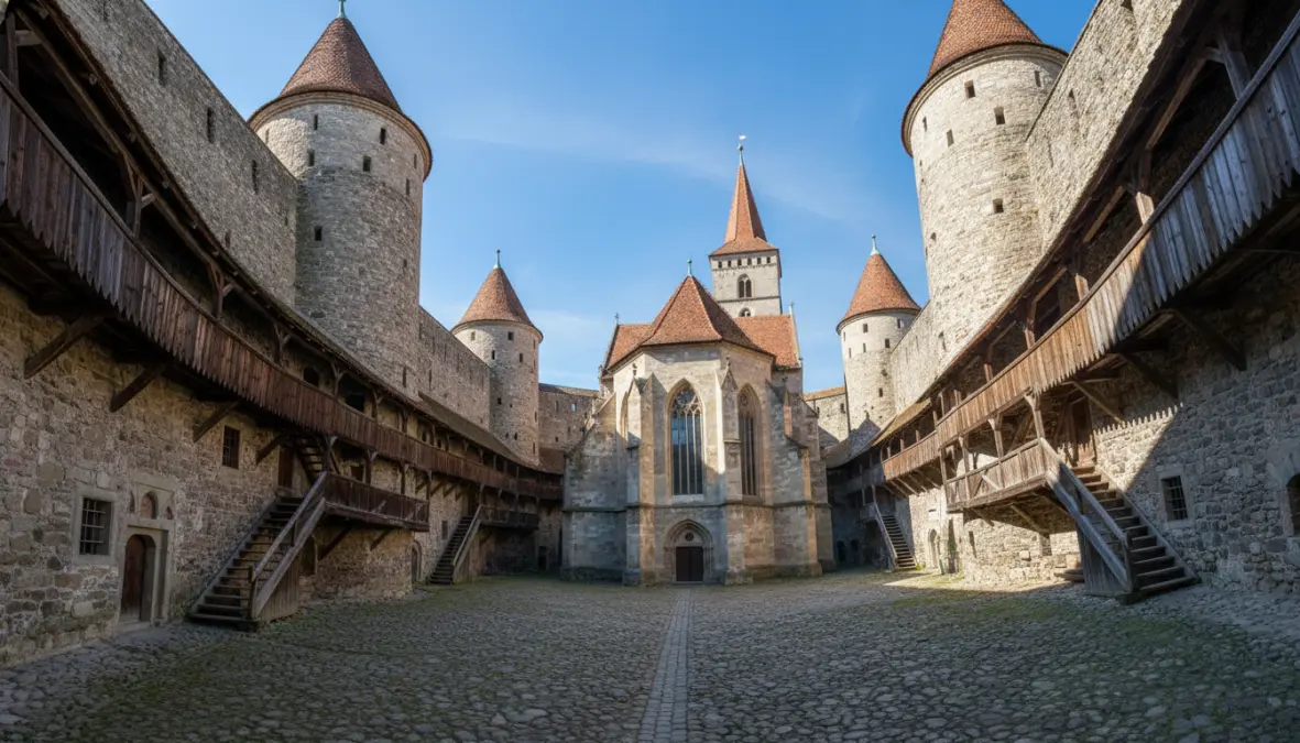 Biertan fortified church interior courtyard showing UNESCO heritage Saxon defensive architecture in Transylvania
