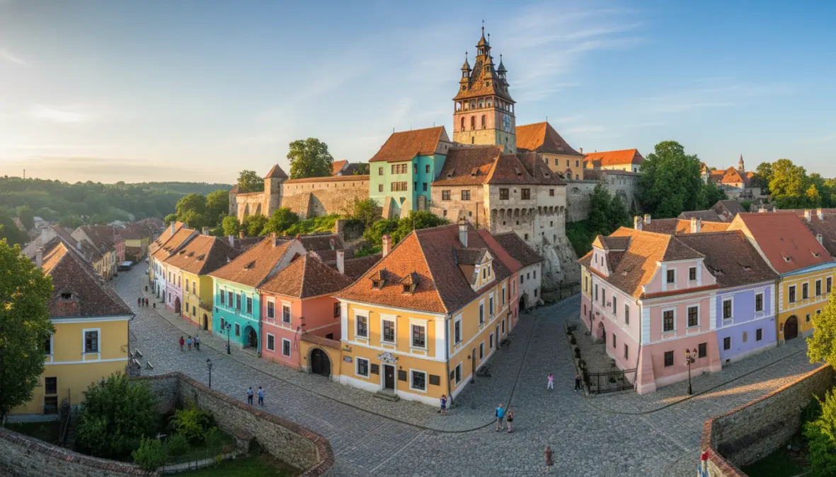 Sighisoara citadel medieval town center with Clock Tower and colorful historic buildings in Transylvania