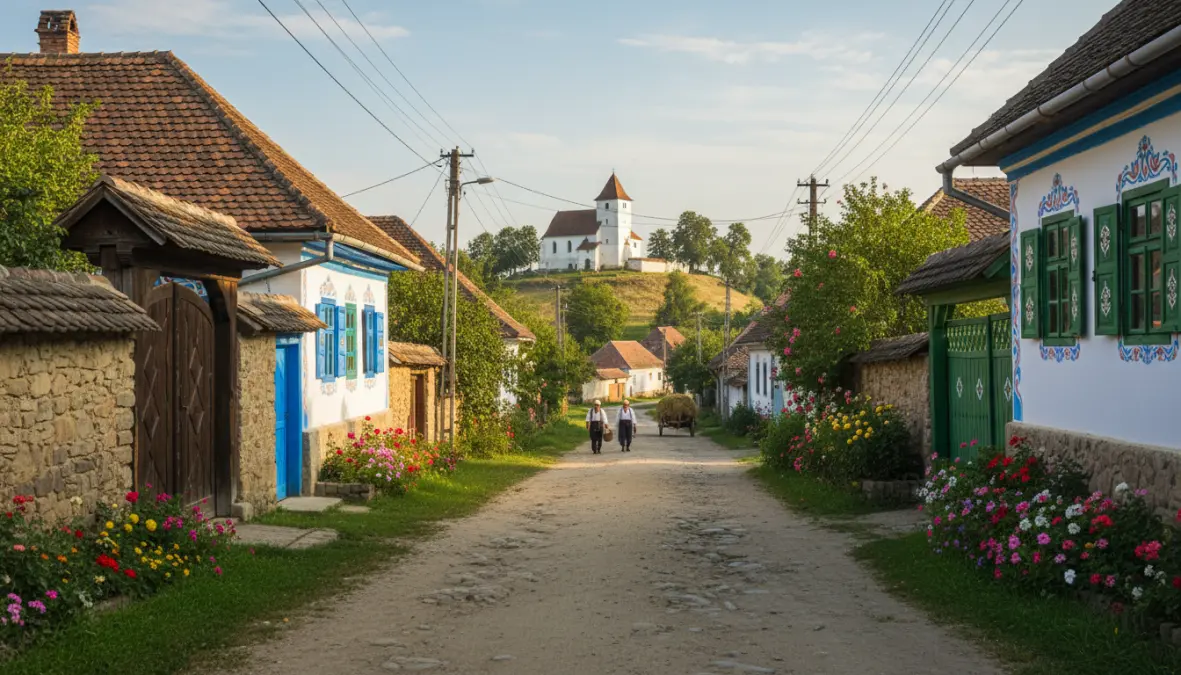Viscri village traditional Saxon houses and fortified church in rural Transylvania countryside