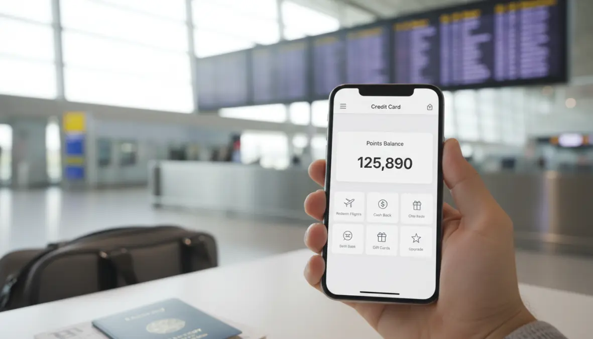 Credit card points strategies shown on mobile app at airport