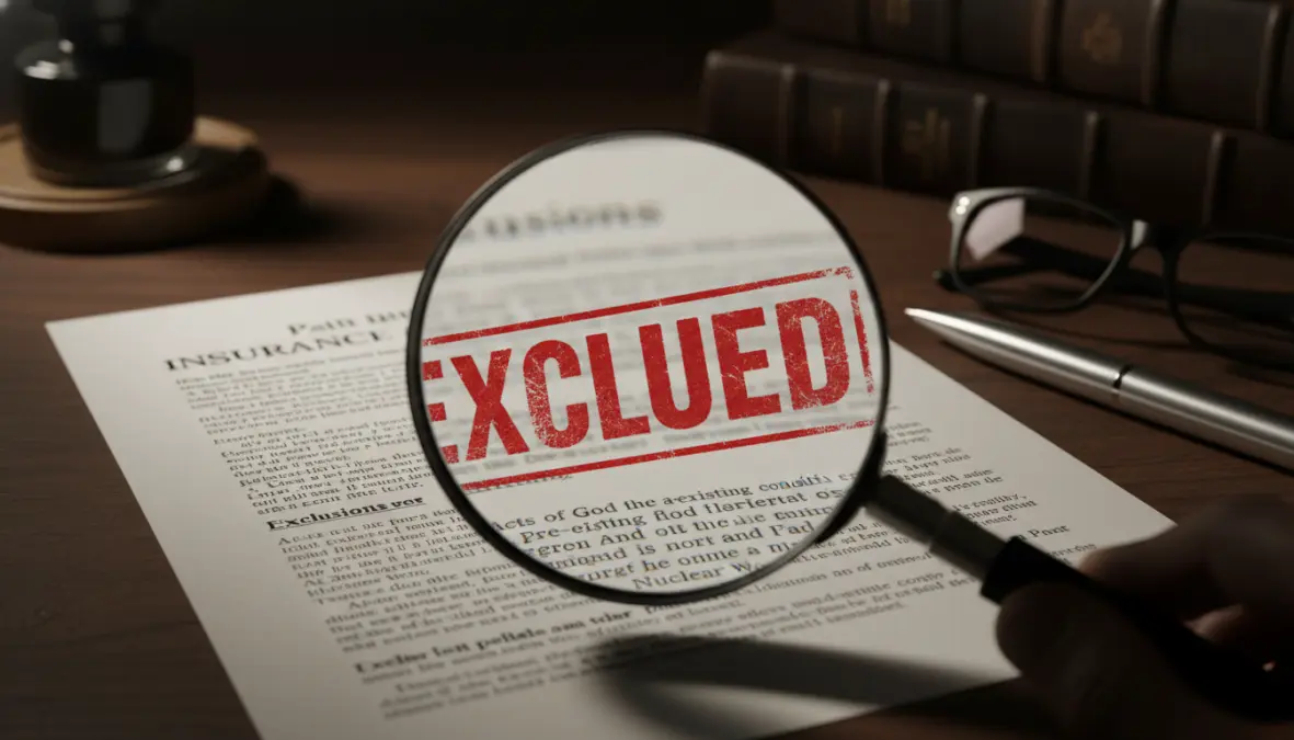 Travel insurance policy document showing common exclusions and fine print that travelers must review