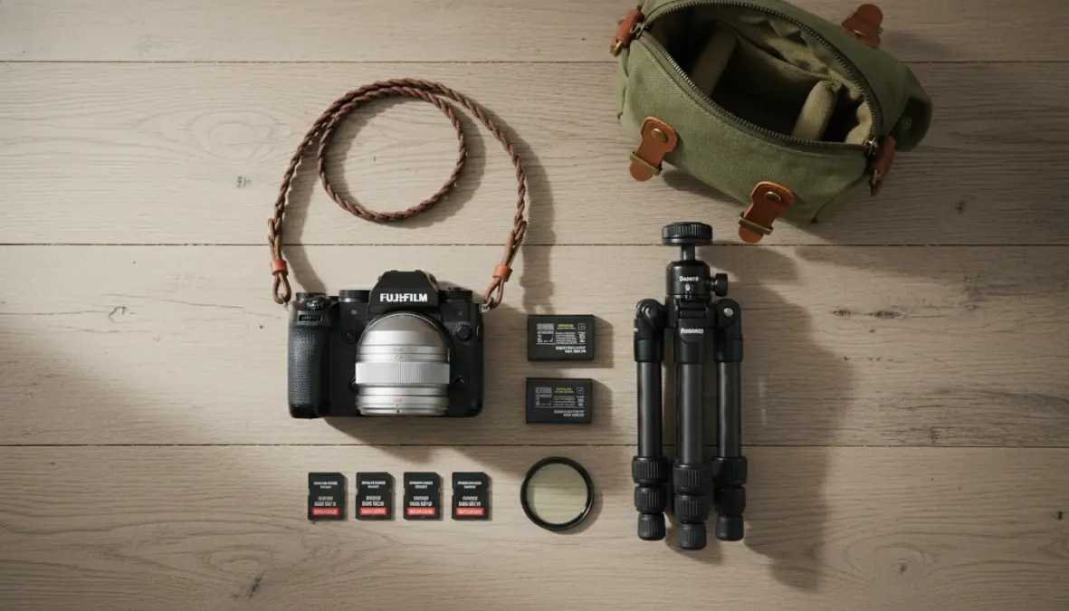Essential camera gear for travel photography including mirrorless camera, lenses, tripod, and accessories