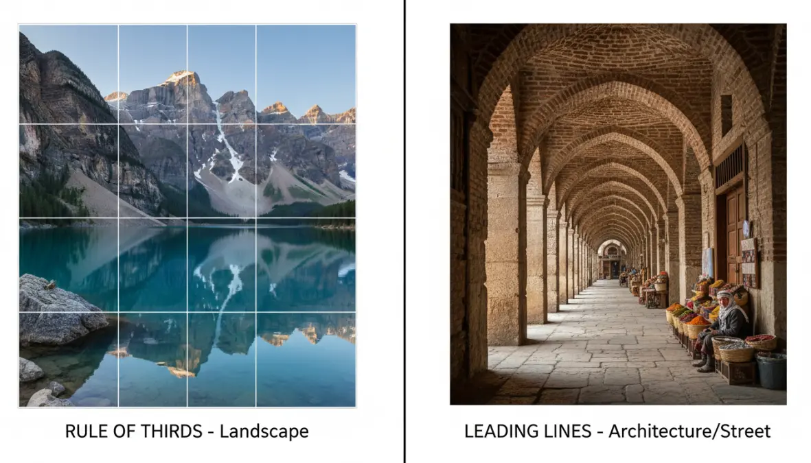 Photo composition techniques for travel photography showing rule of thirds and leading lines examples